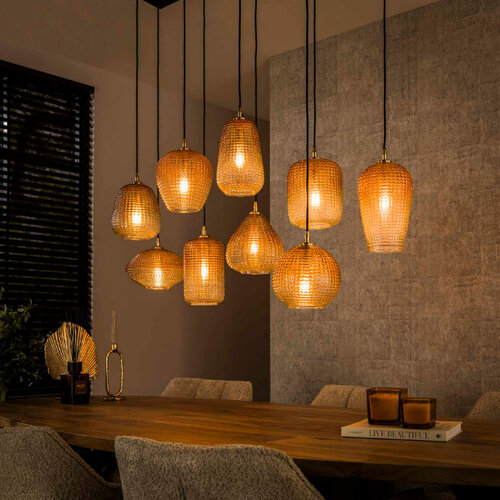 Hotel Chique Klassieke hanglamp Bees 9-lichts goud met amber glas