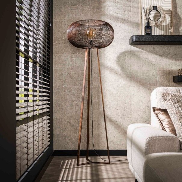 BelaLuz Industriële Vintage driepoots vloerlamp Vince 1-lichts koper