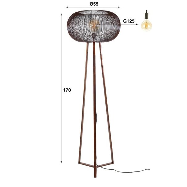 BelaLuz Industriële Vintage driepoots vloerlamp Vince 1-lichts koper