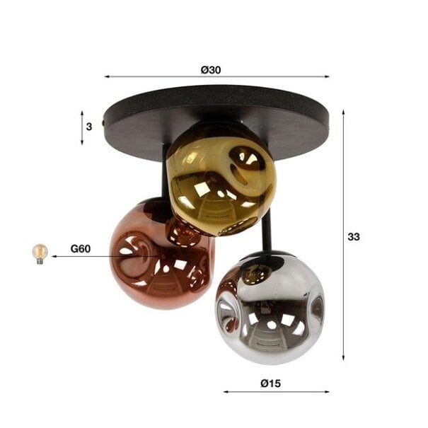 BelaLuz Moderne Design plafondlamp Miro 3-lichts charcoal met gekleurde glazen