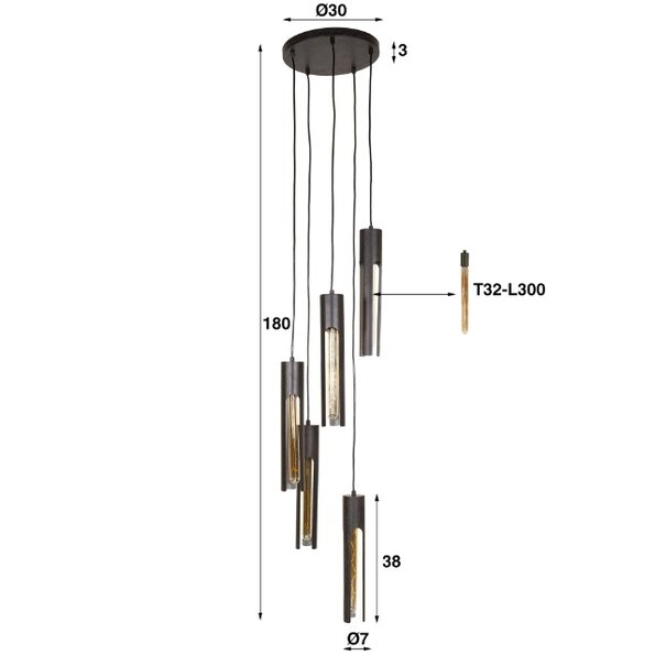 BelaLuz Industrieel Design hanglamp Titan 9 lichts getrapt charcoal