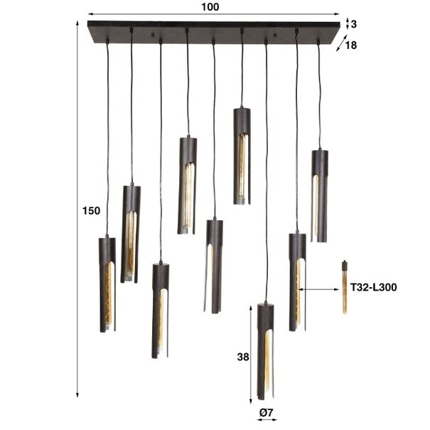 BelaLuz Industrieel Design hanglamp Titan 9 lichts charcoal