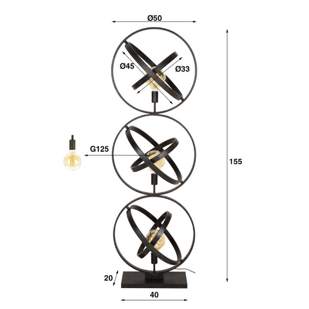 BelaLuz Industrieel Stoere Artic vloerlamp 3-lichts charcoal