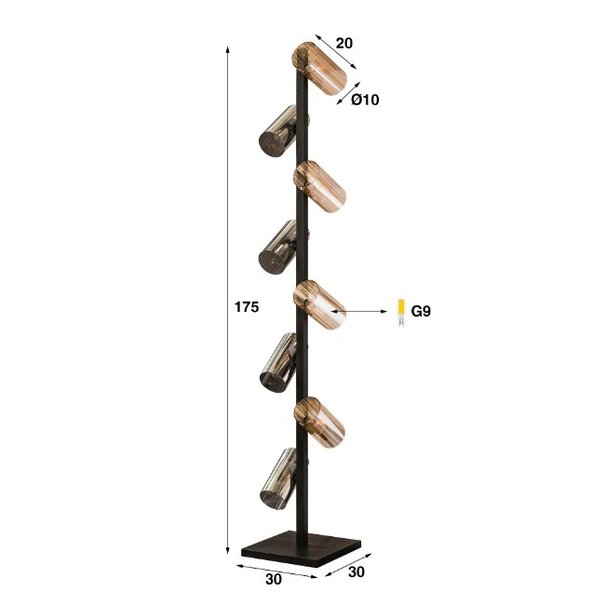 BelaLuz Industrieel klassiek vloerlamp Cylis 8 lichts charcoal Mixed glass