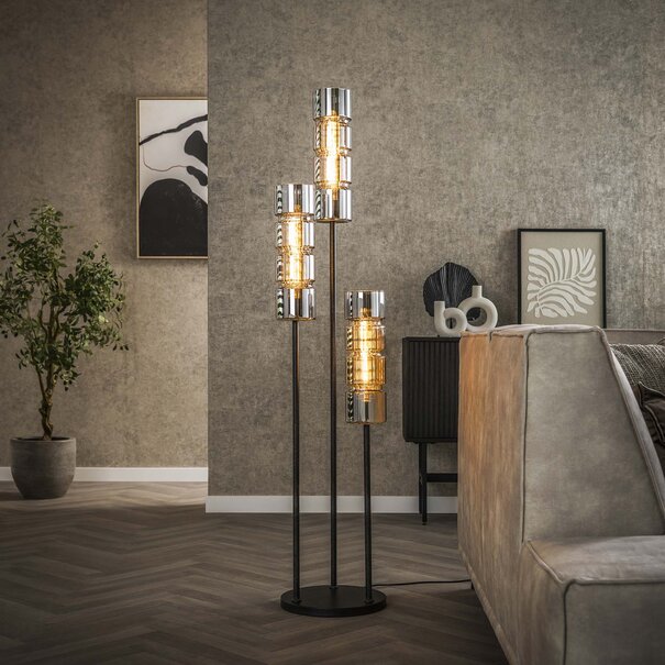 BelaLuz Modern Industriële vloerlamp Caro 3-lichts cilinder glas