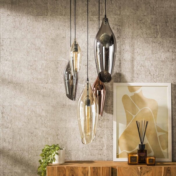 BelaLuz Design hanglamp Sferra 5-lichts getrapt met gekleurde glazen