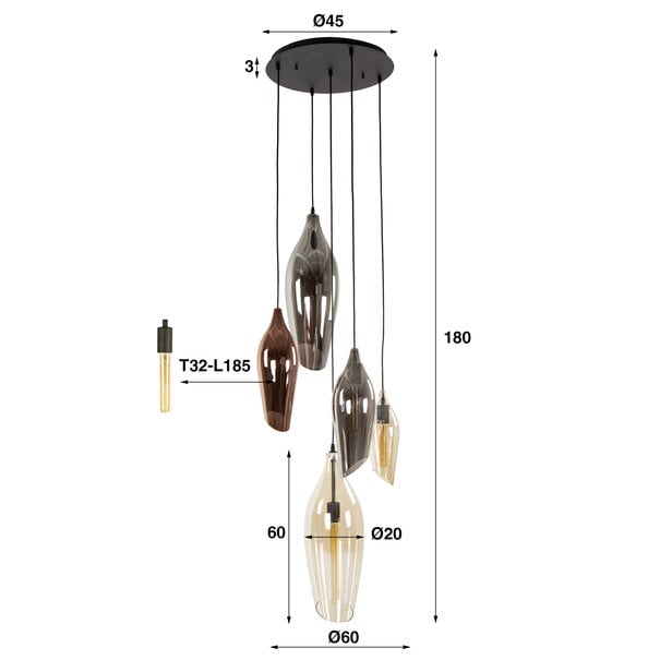 BelaLuz Design hanglamp Sferra 5-lichts getrapt met gekleurde glazen