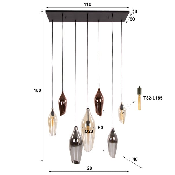 BelaLuz Design hanglamp Sferra 7 lichts met gekleurde glazen