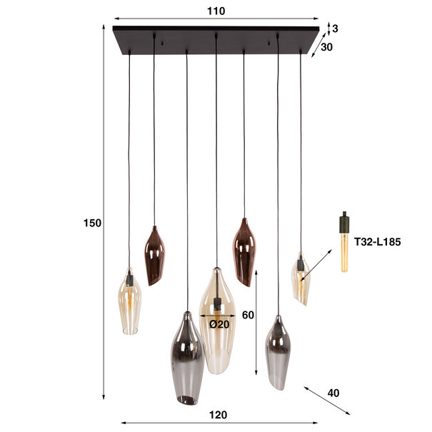 BelaLuz Retro design hanglamp Sferra 7 lichts met gekleurde glazen