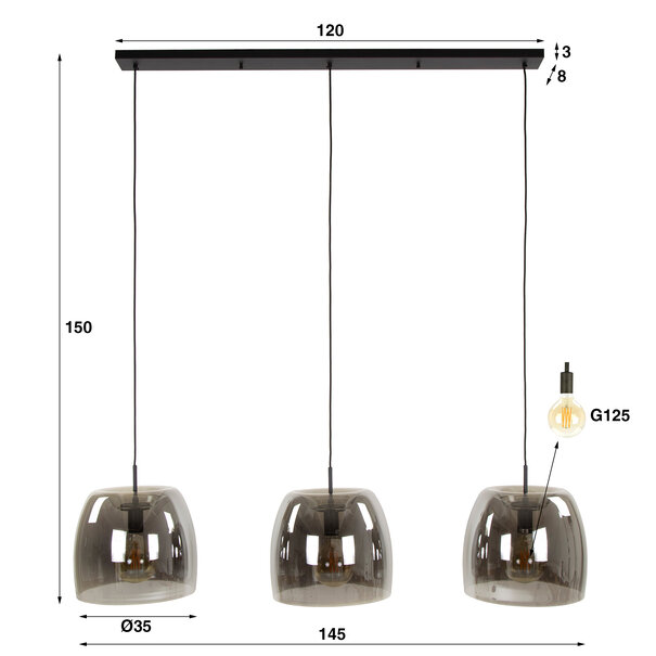 BelaLuz Moderne hanglamp Dash 3-lichts smoke glas