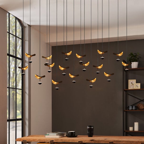 Stars of Lights industrieel design hanglamp Dracera 17 lichts zwart goud