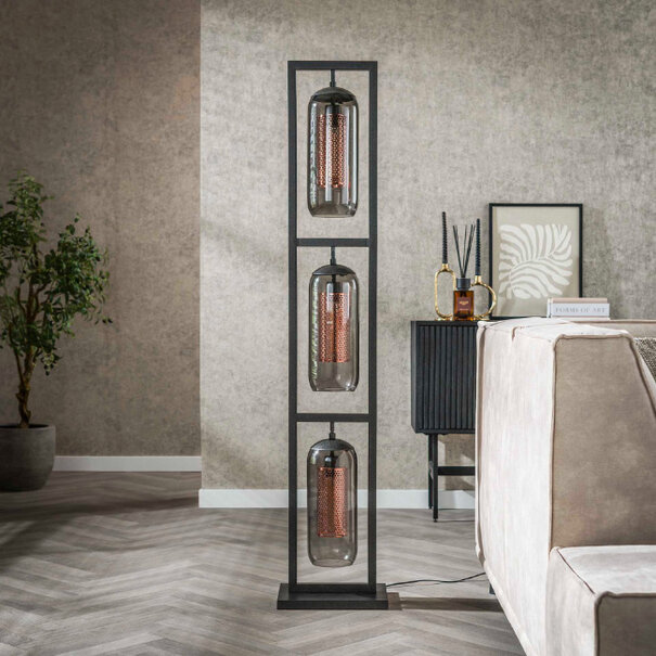 BelaLuz Industriële Vintage vloerlamp Mistral 3-lichts met smoke glas