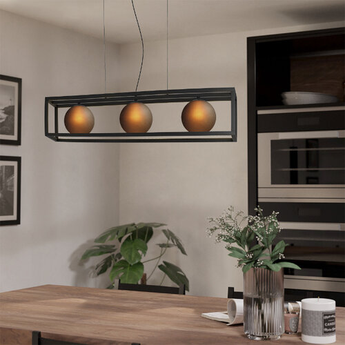 Industriële hanglamp Arangona 3-lichts zwart rechthoekig frame