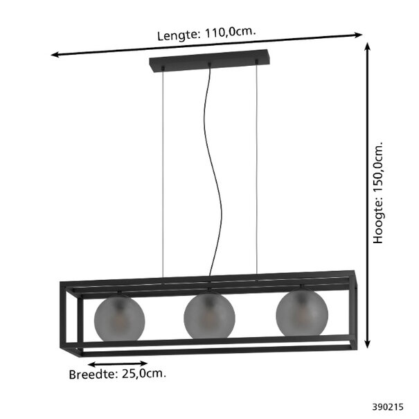 Stars of Light Industriële hanglamp Arangona 3-lichts zwart rechthoekig frame
