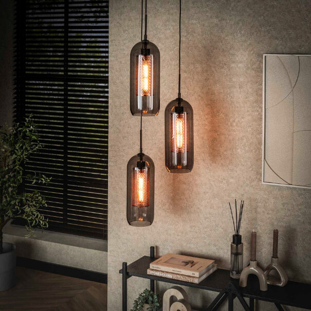 BelaLuz Industriële Vintage hanglamp Mistral 3-lichts getrapt met smoke glas