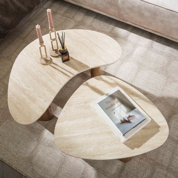 BelaLuz Moderne - Japandi - salontafel - 2-set - travertin - organisch - Romano