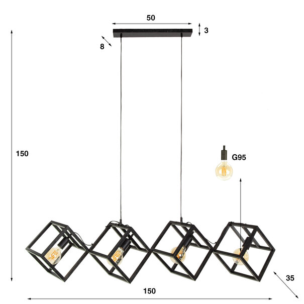 BelaLuz Industrieel design Kubix hanglamp 4-lichts charcoal