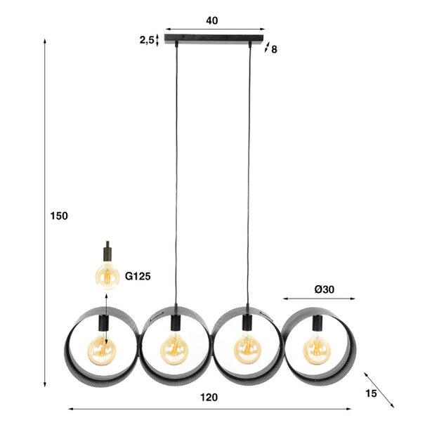 BelaLuz Industriële hanglamp Pluto 4 lichts charcoal