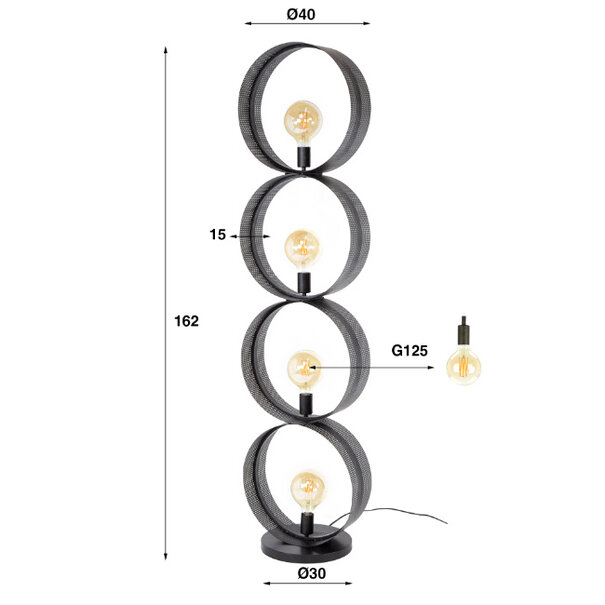 BelaLuz Industrieel design vloerlamp Pluto 4 lichts charcoal