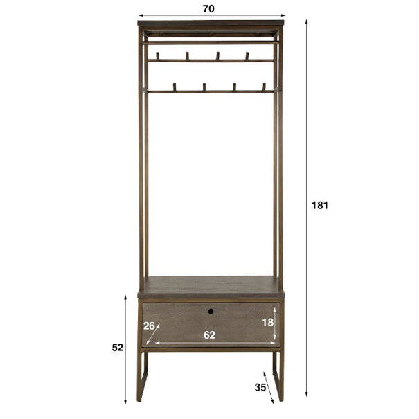 BelaLuz Modern Industrieel garderobemeubel Tess 8 haken brons antiek