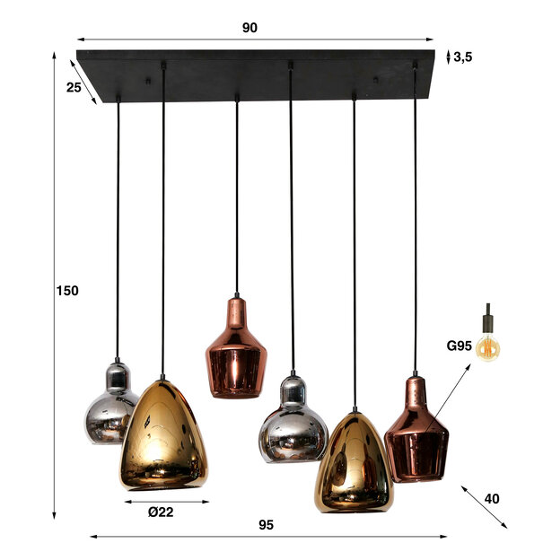 BelaLuz Oosters design hanglamp Trio 6-lichts met gekleurde glazen