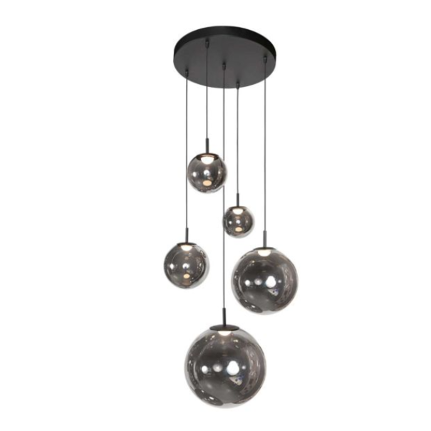 Steinhauer Modern Industrieel hanglamp Bollique 5-lichts zwart met smoke glas