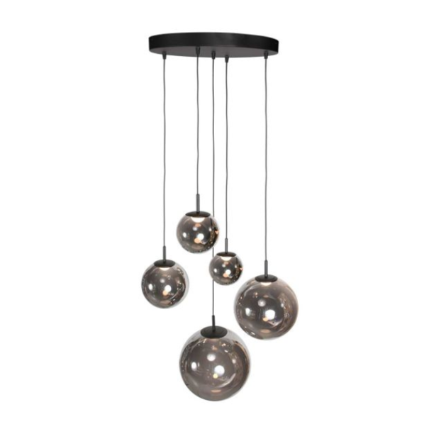 Steinhauer Modern Industrieel hanglamp Bollique 5-lichts zwart met smoke glas