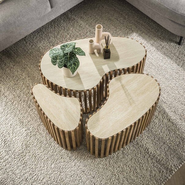 BelaLuz Landelijk modern Nuovo salontafel 3 set niervormig travertin mangohout