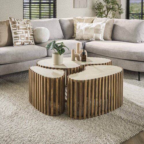 Landelijk modern Nuovo salontafel 3 set niervormig travertin mangohout