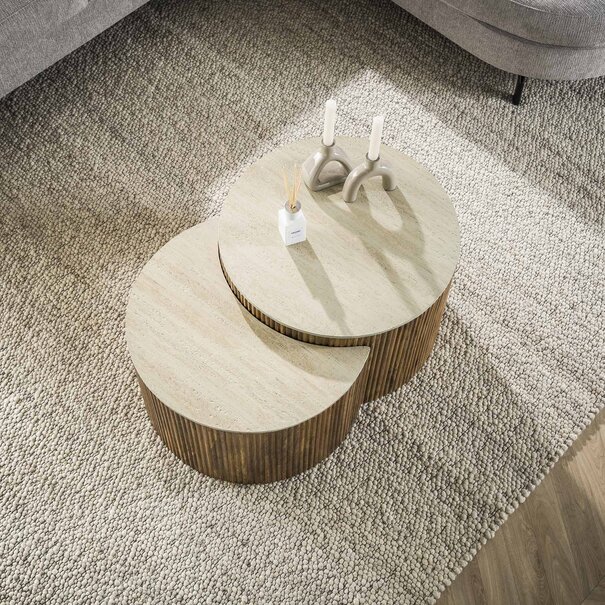 BelaLuz Modern landelijke Nuovo salontafel 2 set rond travertin mangohout