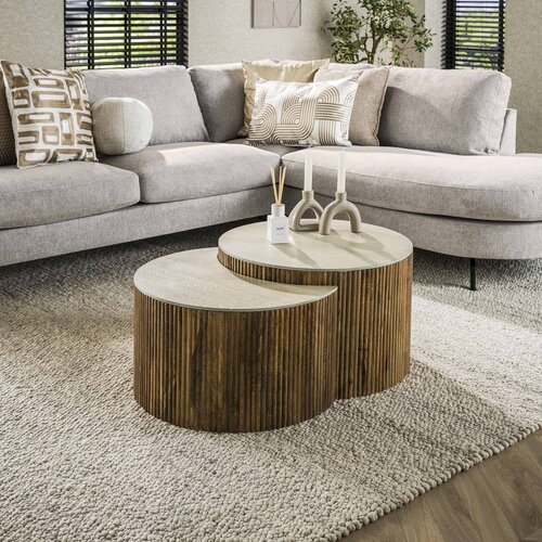 Modern landelijke Nuovo salontafel 2 set rond travertin mangohout