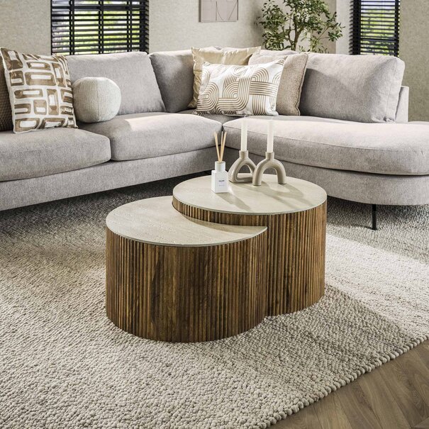 BelaLuz Modern landelijke Nuovo salontafel 2 set rond travertin mangohout