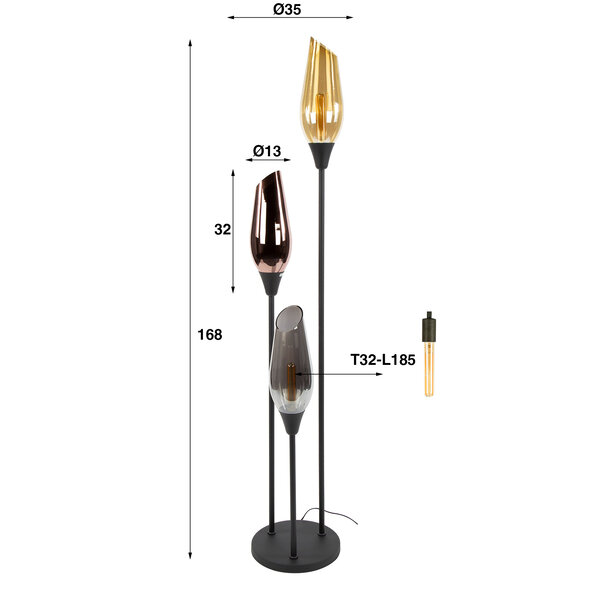 BelaLuz Retro design vloerlamp Sferra 3-lichts mixed glass