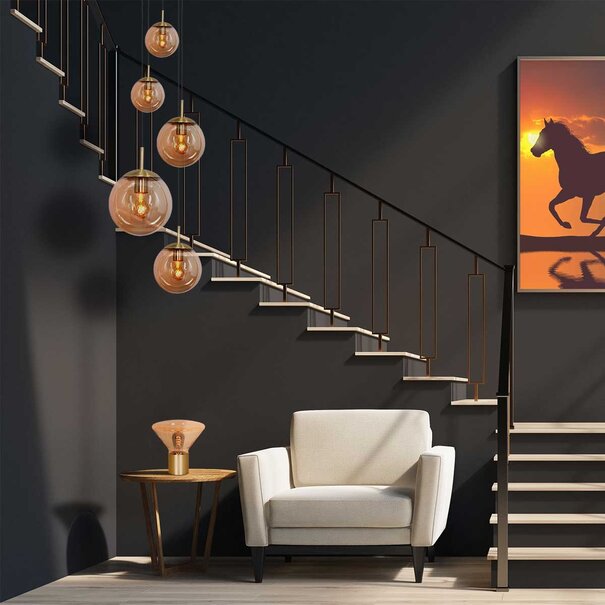 Steinhauer Moderne hanglamp Bollique 5-lichts goud met amber glas