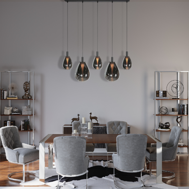 Steinhauer Design modern hanglamp Glimsy 5-lichts zwart met smoke glas