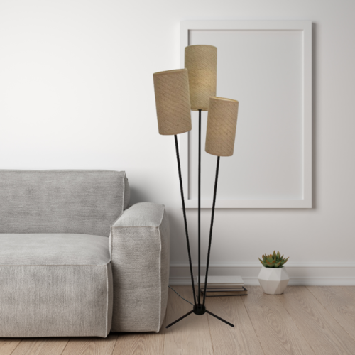 Landelijke Japandi vloerlamp Zizal 3-lichts zwart crème