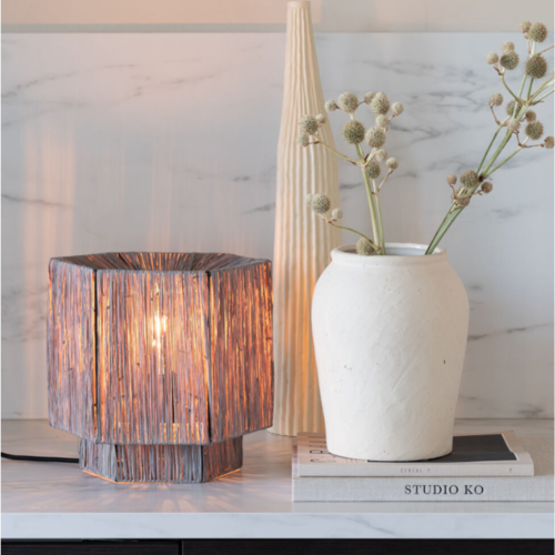 Moderne Bohemian tafellamp Panama 1-lichts raffia grijs
