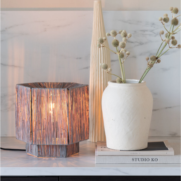 GOOD & MOJO Moderne Bohemian tafellamp Panama 1-lichts raffia grijs
