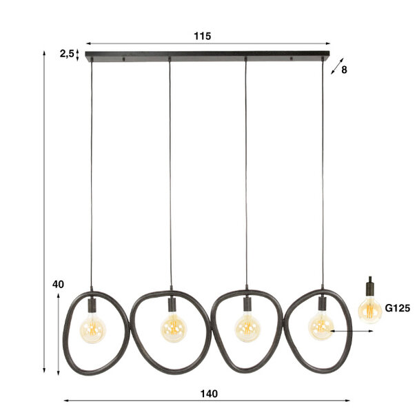 BelaLuz Industriële hanglamp Flint 4-lichts charcoal