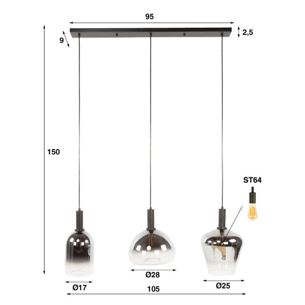 BelaLuz Moderne Industriële hanglamp Noor 3-lichts charcoal