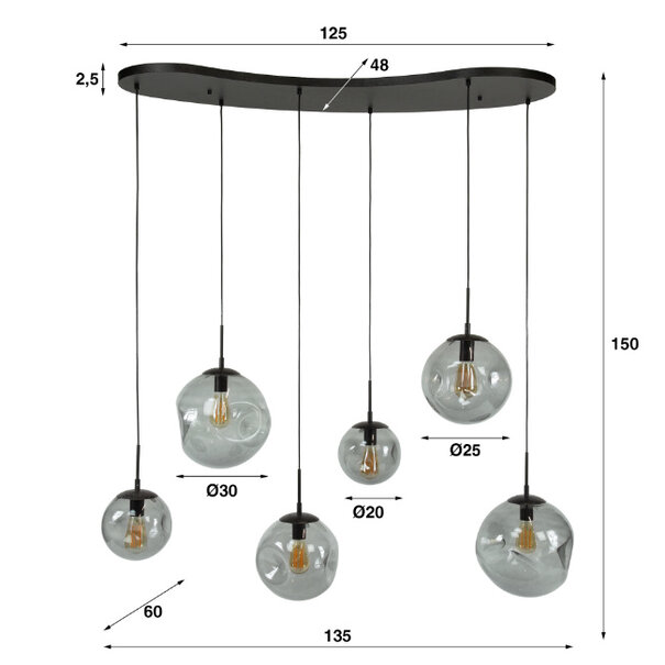 BelaLuz Moderne Industriële hanglamp Riza 6-lichts charcoal
