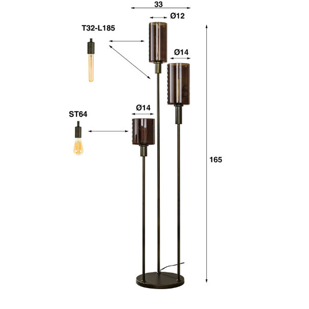 BelaLuz Moderne hotel chique vloerlamp Calore 3-lichts sienna brown
