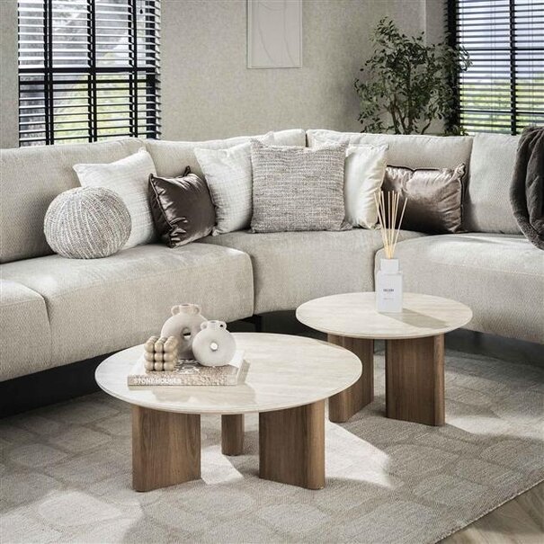 BelaLuz Moderne Japandi salontafel Romano 2-set travertinlook
