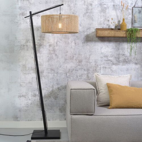 Modern Bohemian booglamp Iguazu 1-lichts zwart frame met juten kap