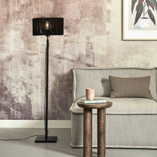 Modern landelijke vloerlamp Iguazu 1-lichts recht zwart met juten kap