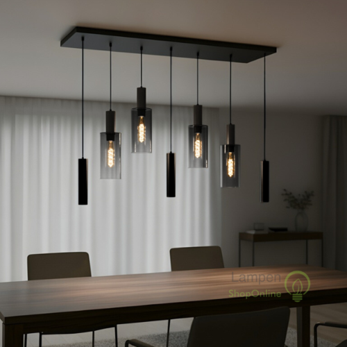 Moderne hanglamp Perugia 7-lichts Kokers zwart met smoke glas