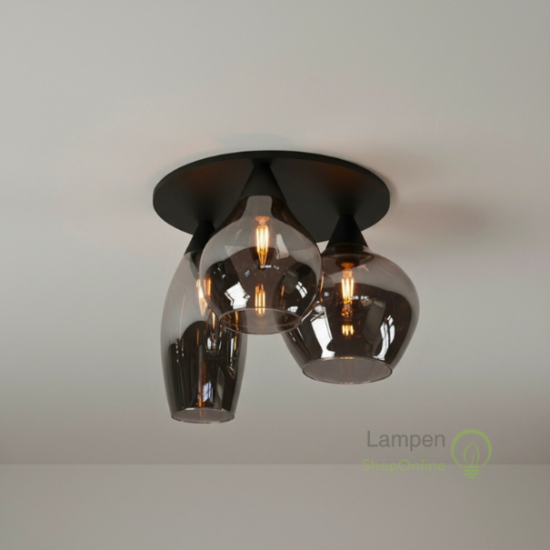 Highlight Moderne Design plafondlamp Cambio 3-lichts zwart met smoke glas
