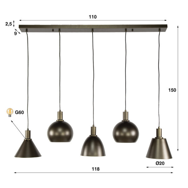 BelaLuz Modern chique hanglamp Forge 5-lichts Sienna brown