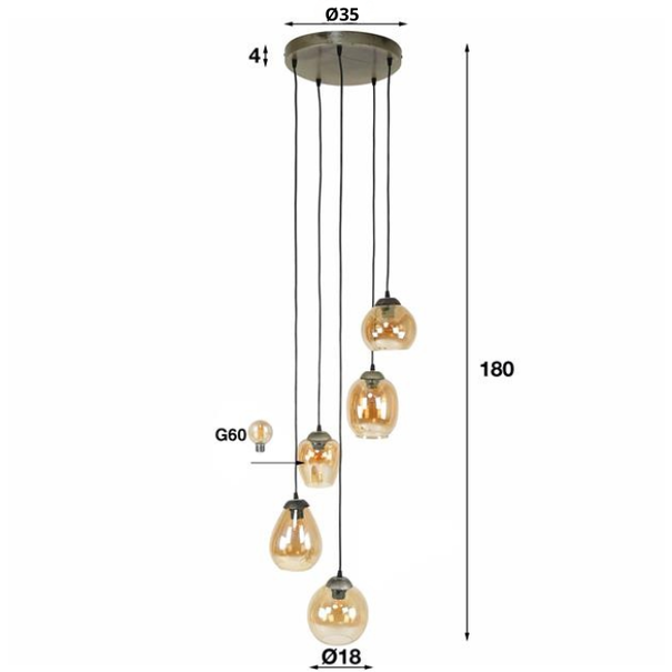 BelaLuz Industriële hanglamp Vetro 5-lichts charcoal met amber glas