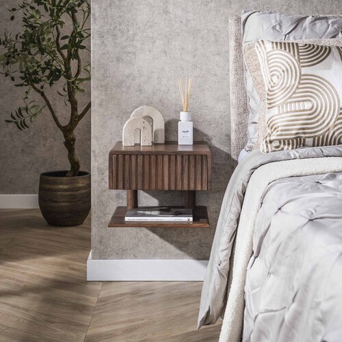 Modern landelijk nachtkastje Carve zwevend 1 lade massief bruin acaciahout